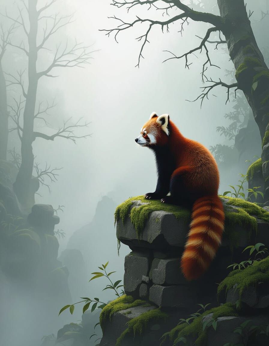 Red Panda in Misty Ancient Forest