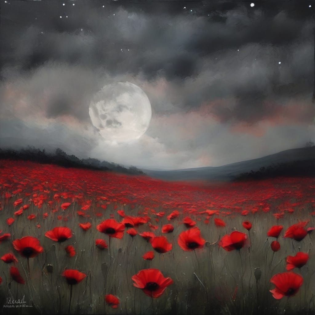Ethereal Moonlit Poppies in Velvet Red