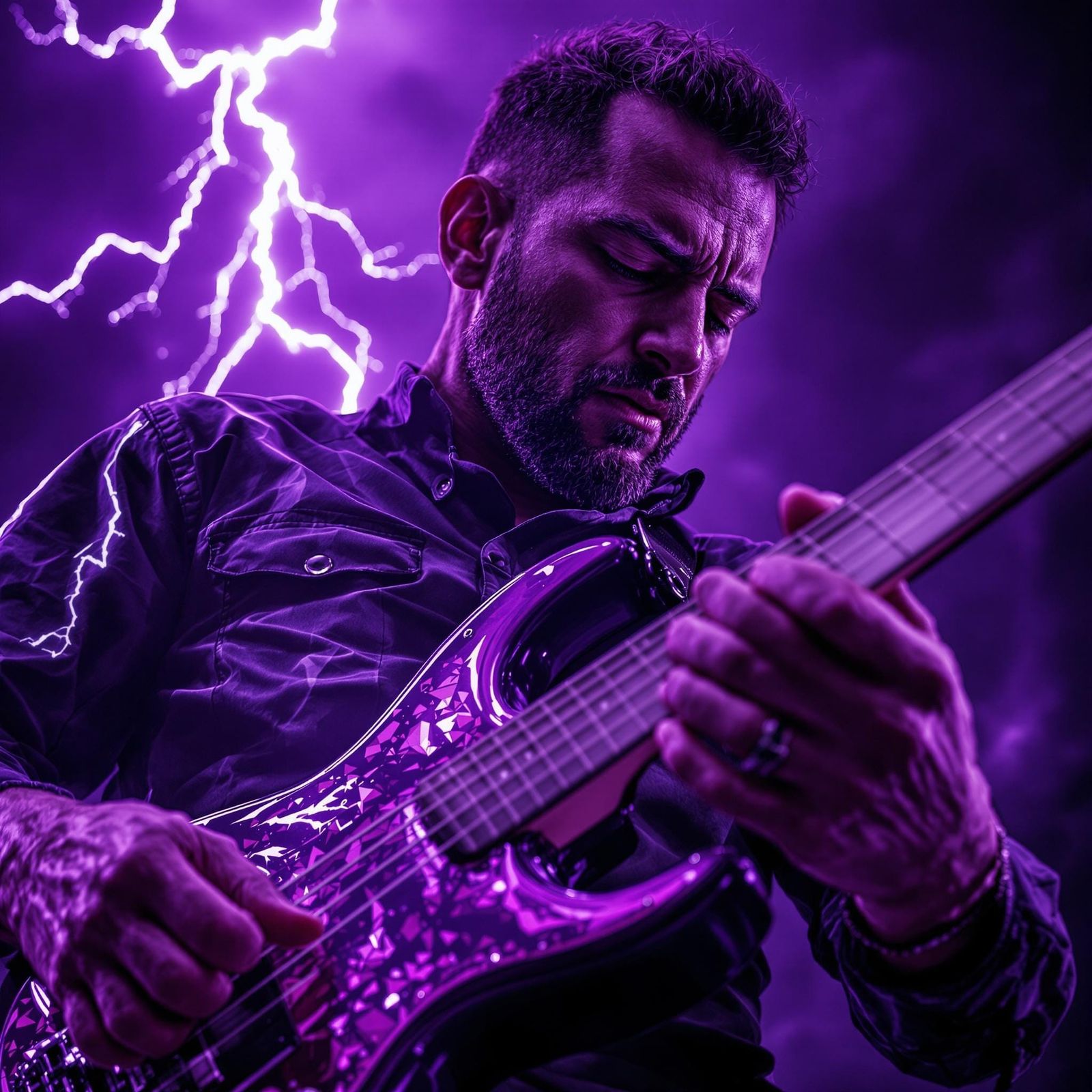 Moody Electric Bassist Shines with Purple Lightning