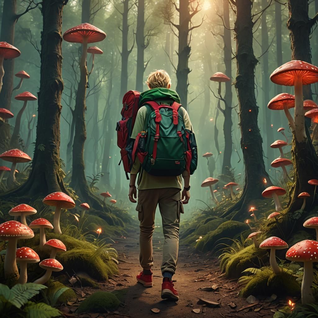 Mystical Forest Encounter: Teenage Boy in Dreamlike Scene