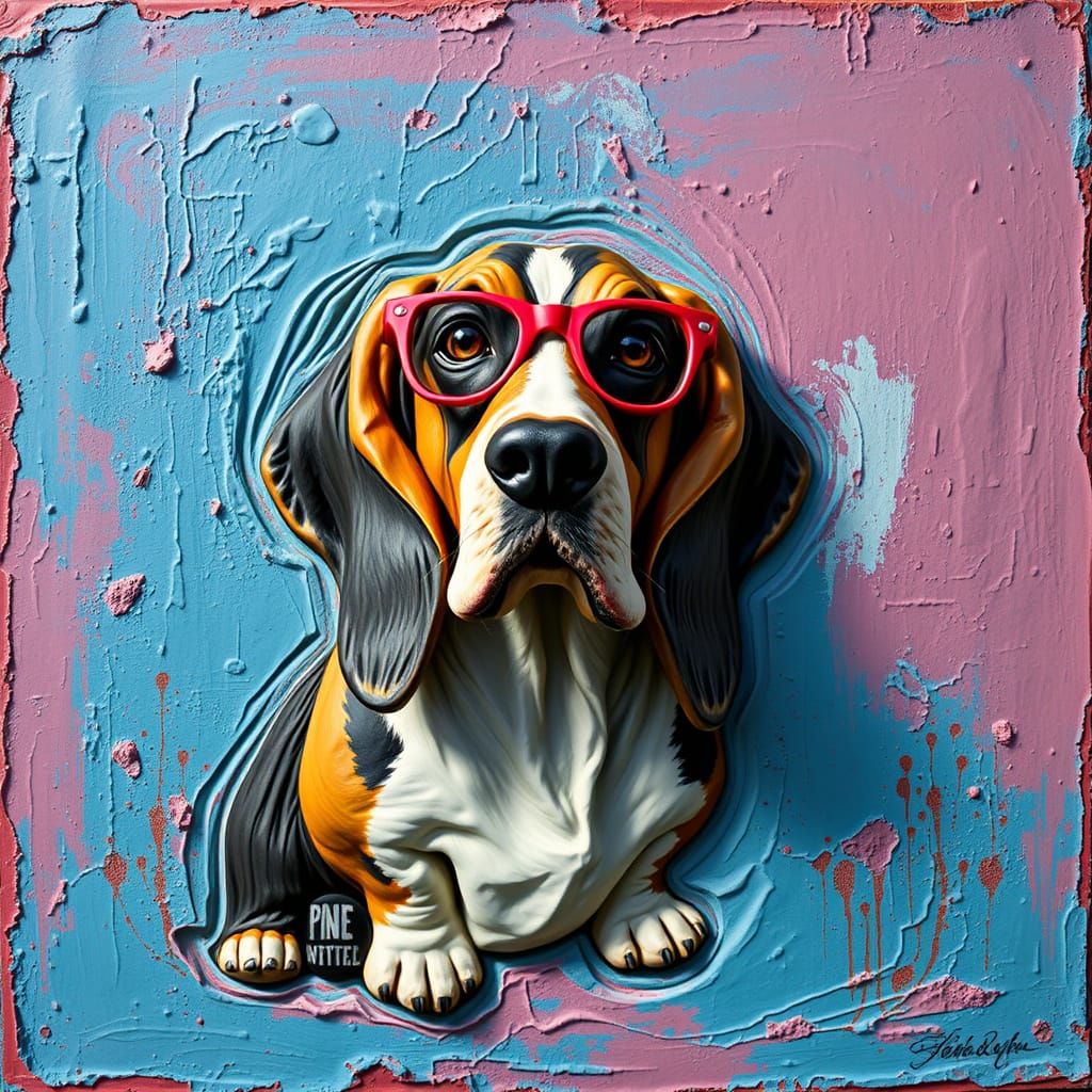 Vibrant Basset Hound Portrait in Embossed Relief on Hand-Pai...