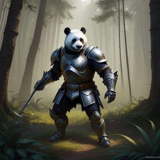 Majestic Panda Knight in Vibrant Forest Realm