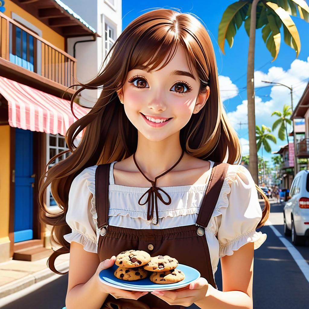 Anime Woman Eats Cookies in Tropical Town