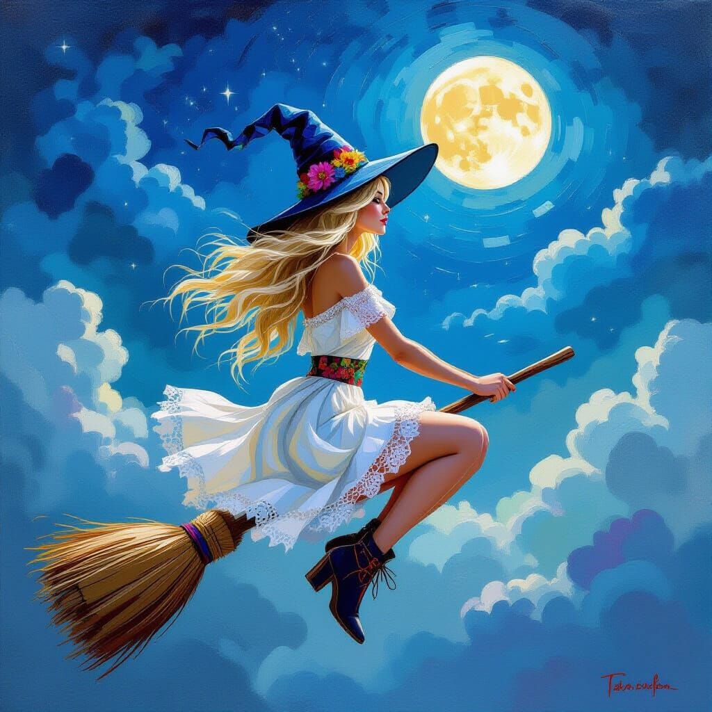 Boho Witch on Broomstick Under Moonlit Sky