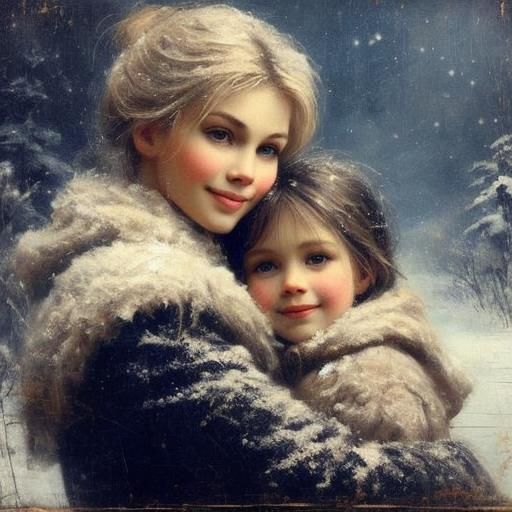 Loving Mother and Daughter in Winter Blizzard, Oil Painting