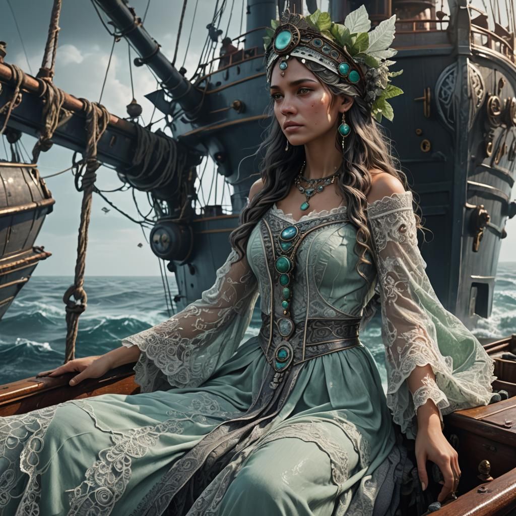 Bohemian Woman on Ship Stern in 3D Render