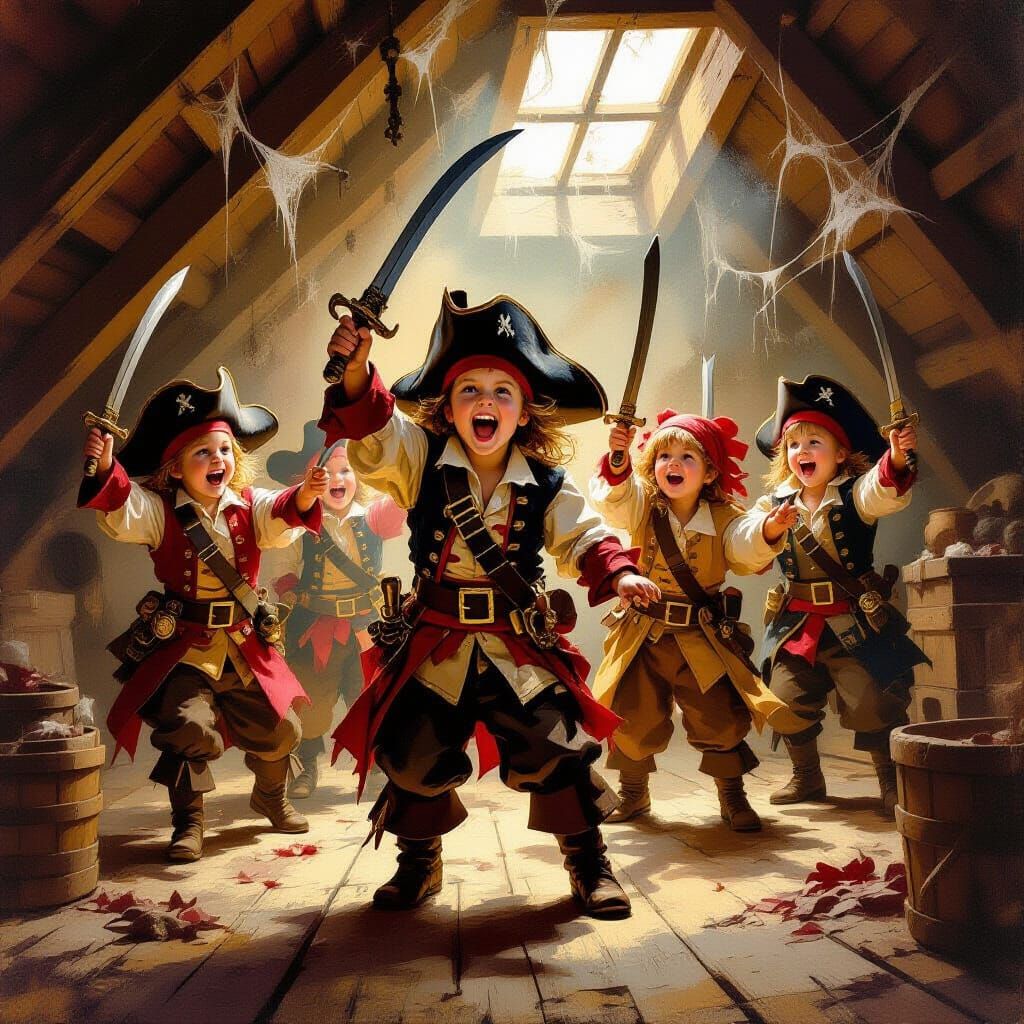 Pirate Children's Attic Adventure in Oil Painting Style
