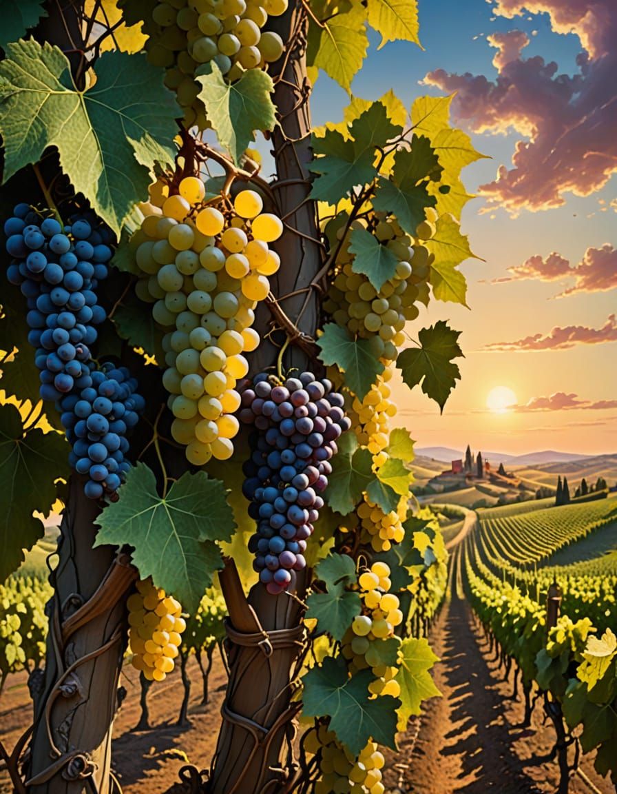 Dreamlike Vineyard Landscape in Whimsical Watercolour