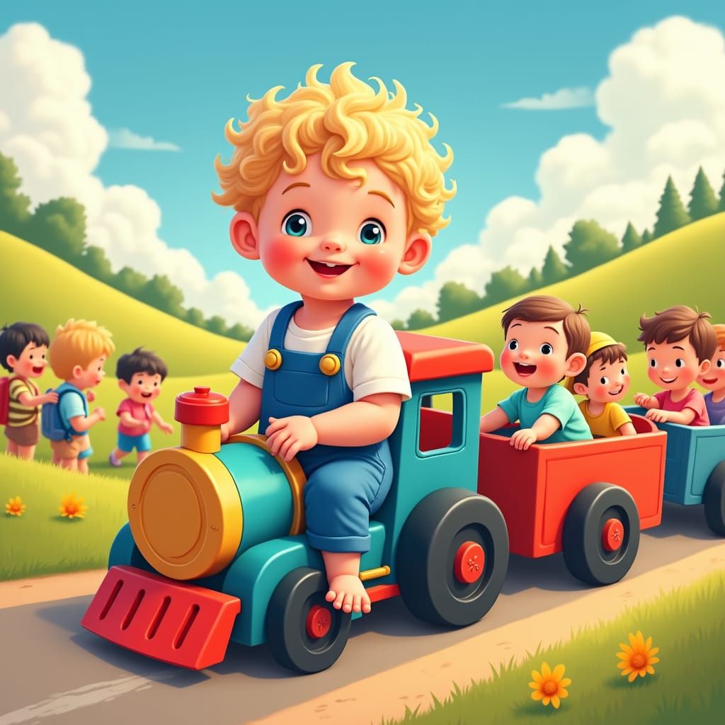 Cheerful Baby Boy Playing with Toy Train Illustration