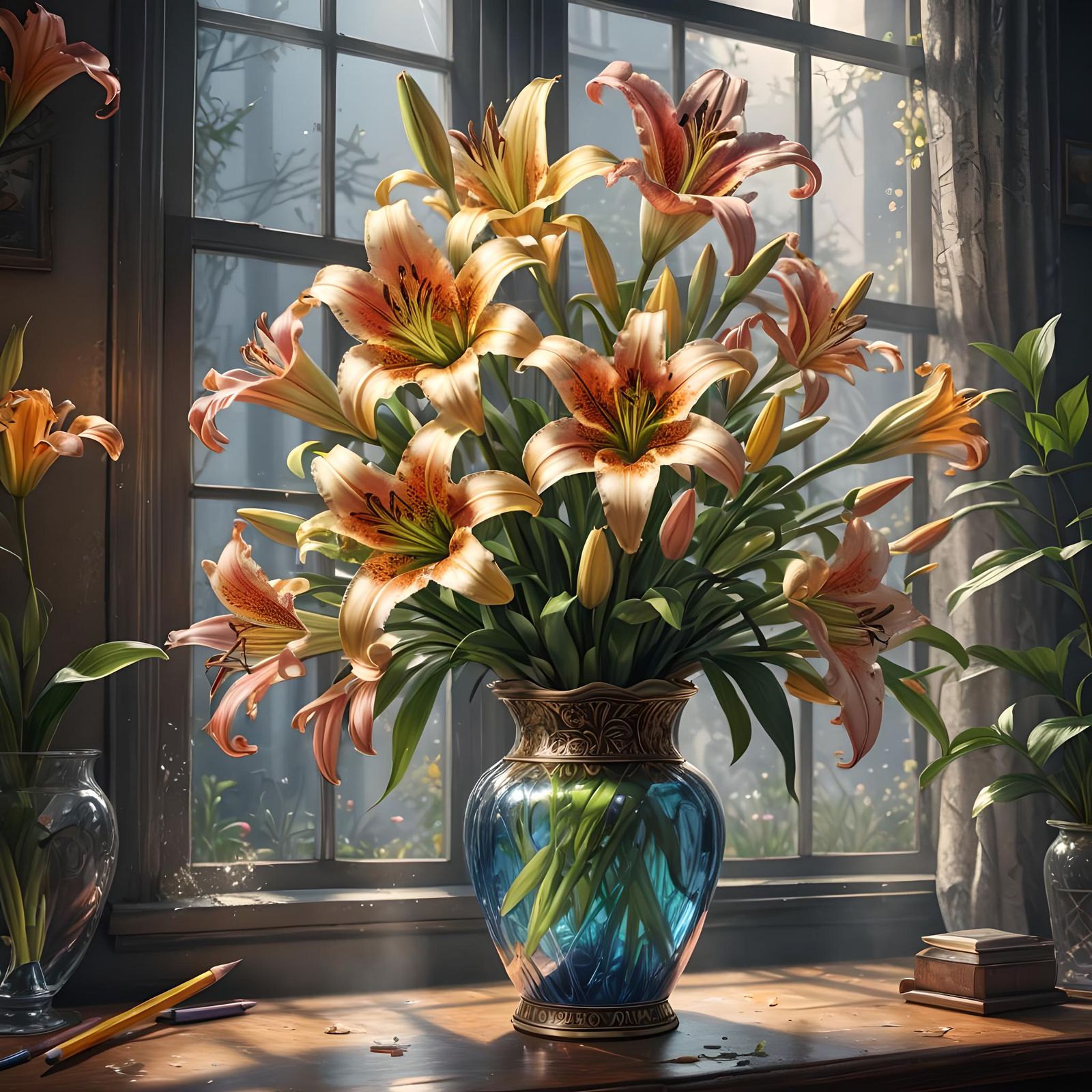 Detailed Pencil Drawing: Lilies in Vase with Light Rays