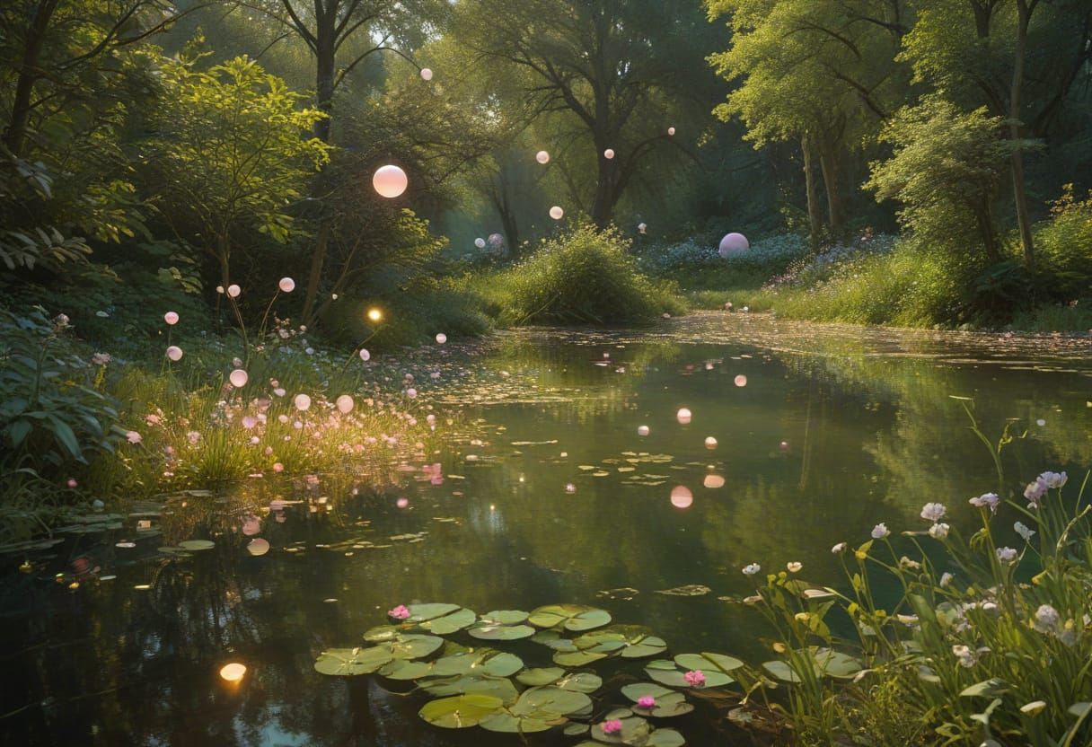 Dreamlike Orbs Dance Above Tranquil Lake