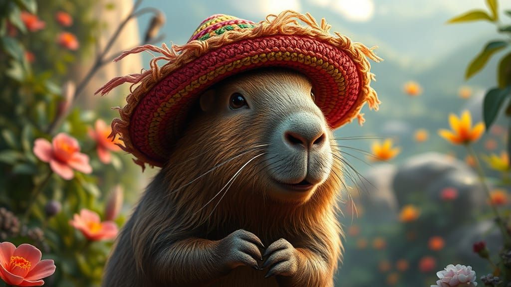 Capybara in Crochet Sombrero: Fantasy Concept Art