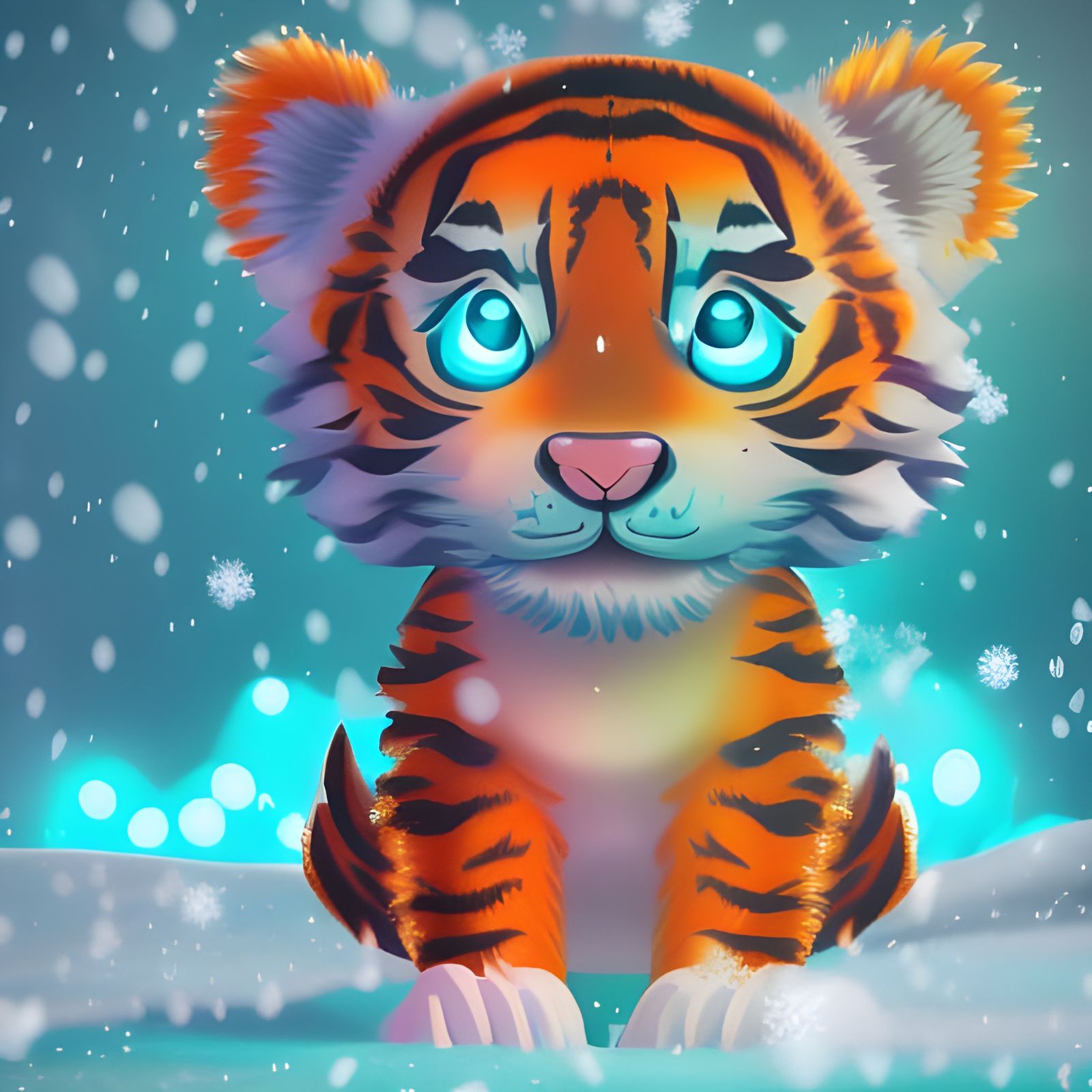 Cute Cartoon Baby Tiger in Snowy Scene