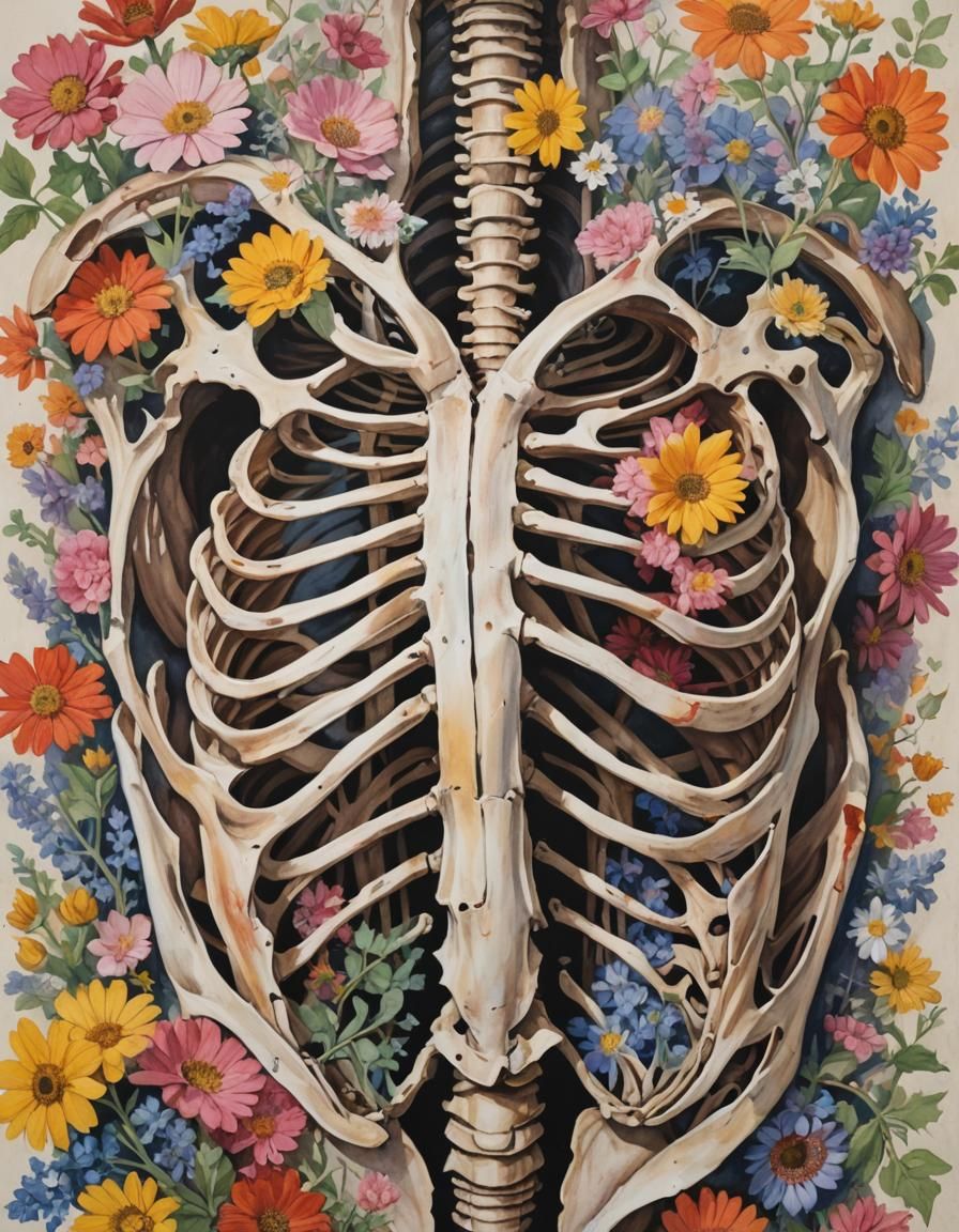 Gouache Rib Cage with Colorful Flowers