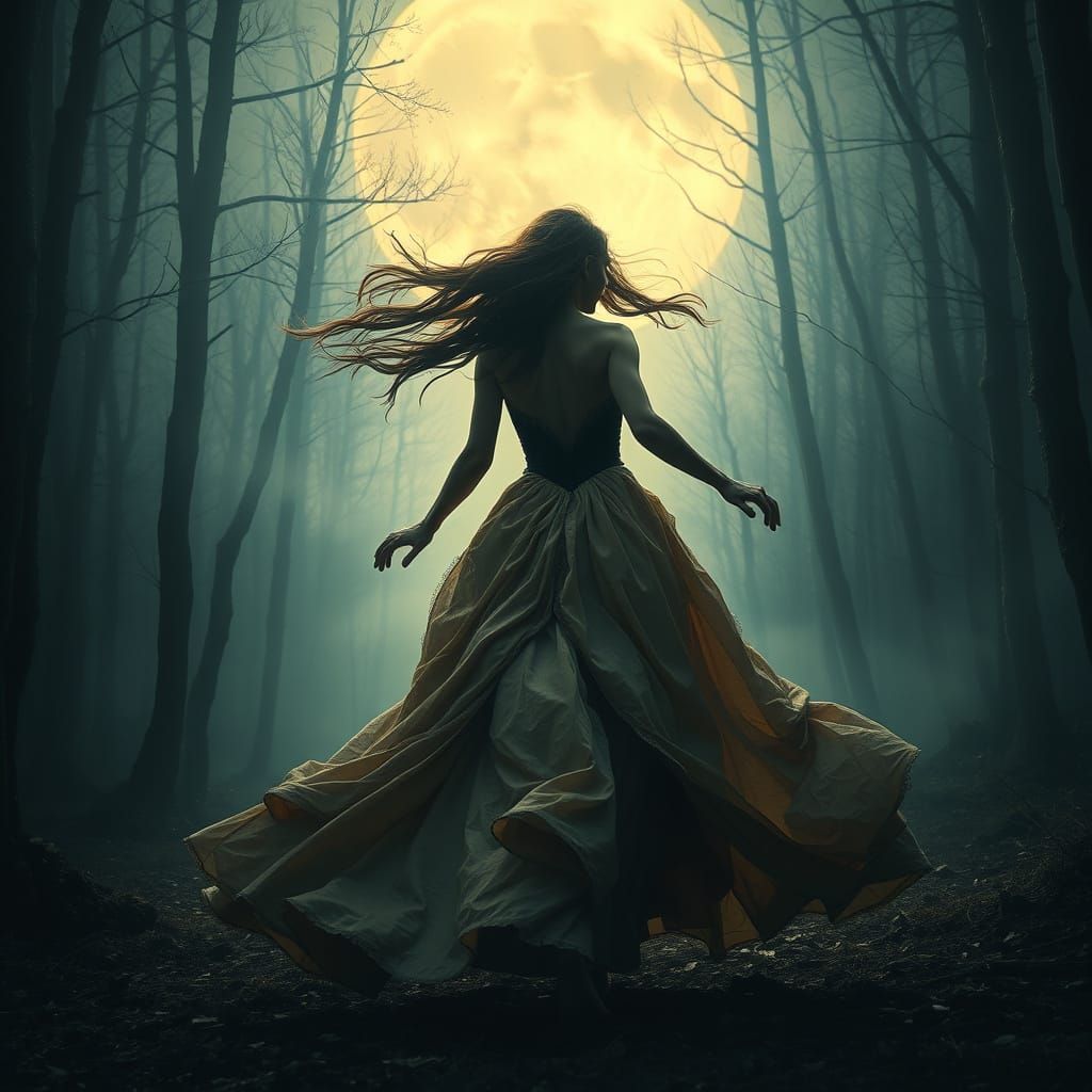 Ethereal Gothic Woman Fleeing Through Moonlit Forest