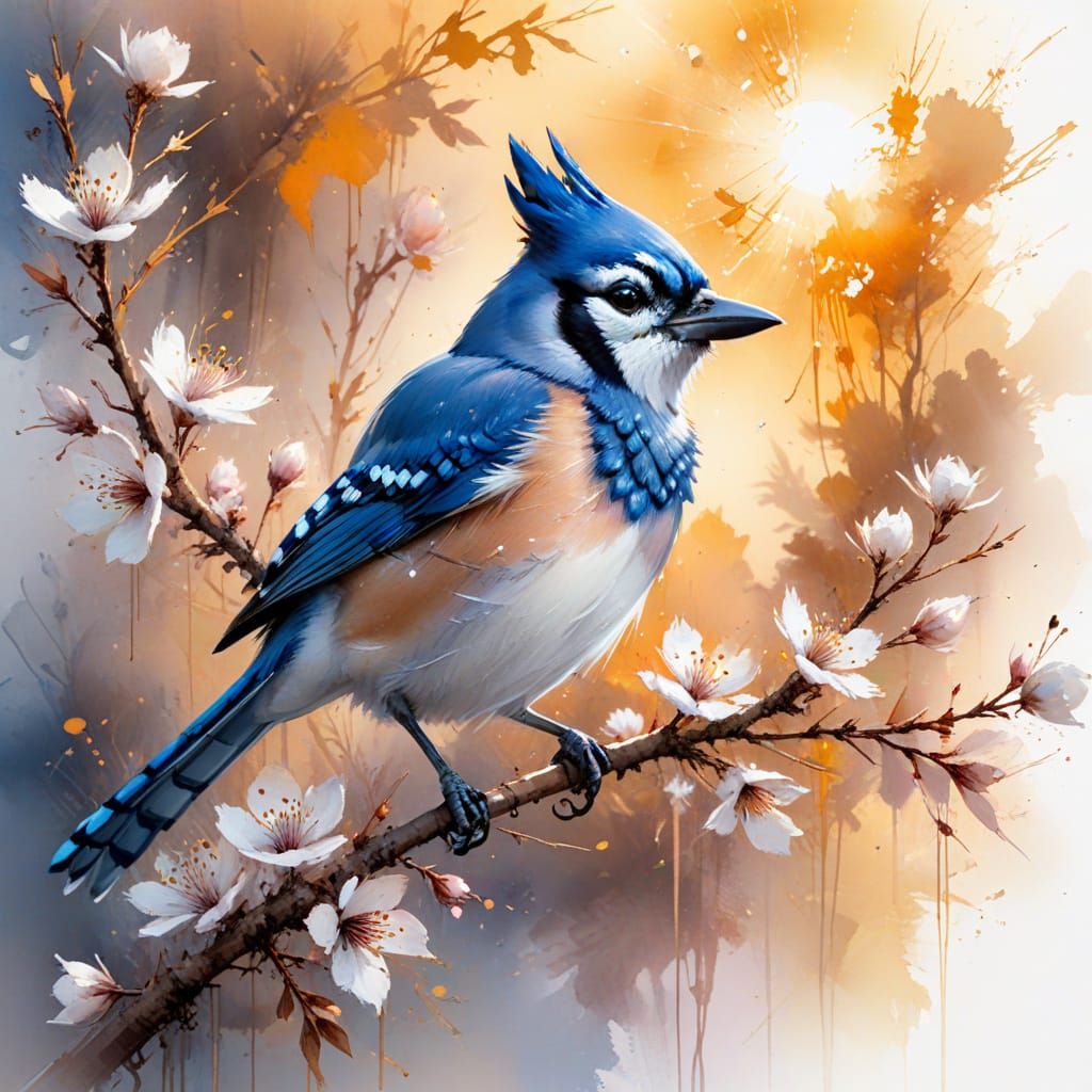 Bluejay on Blossom Branch in Watercolour Style