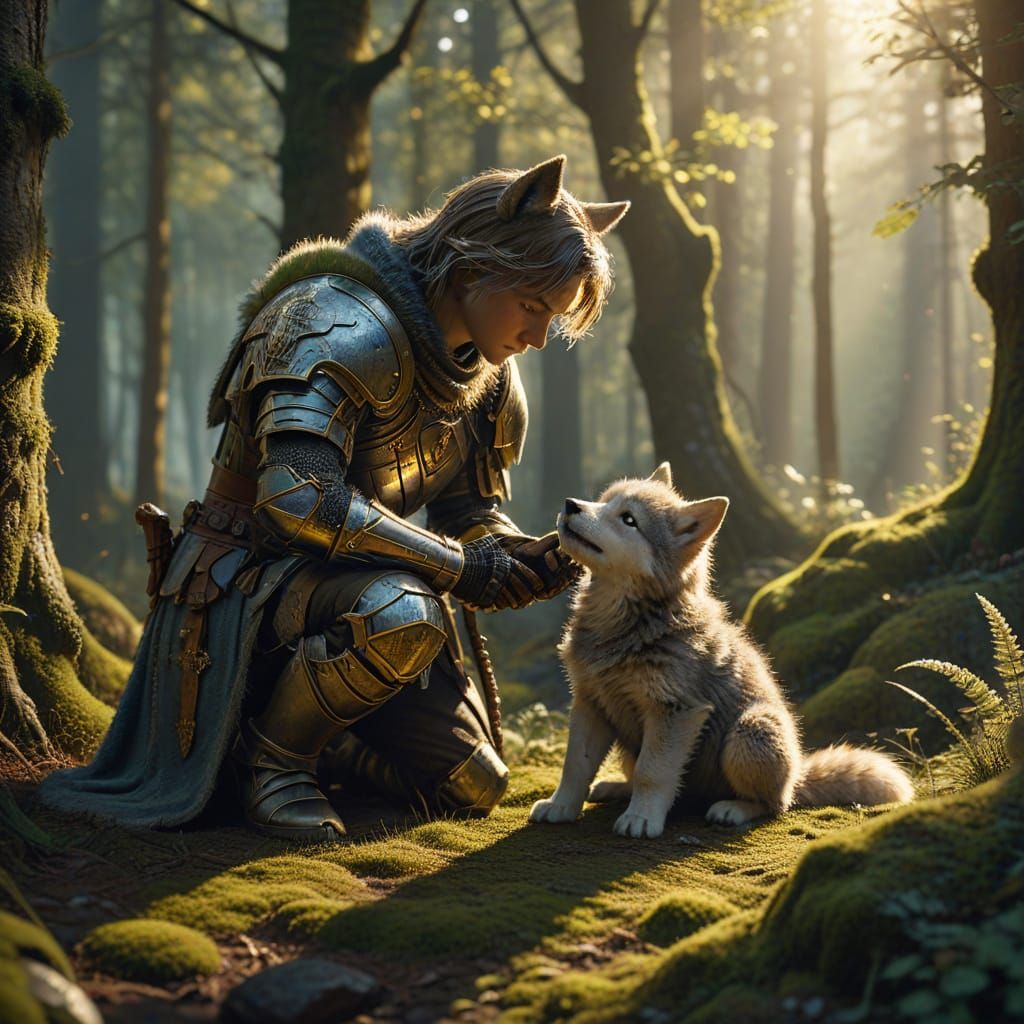 Knight and Wolf Cub in Sunlit Forest