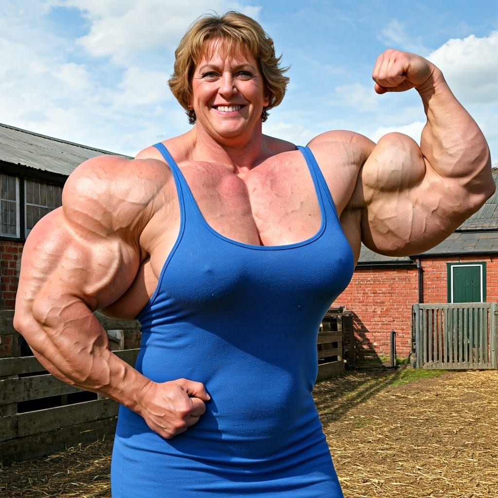 Heavyweight Powerlifter Farmer Flexing Bicep in Farmyard
