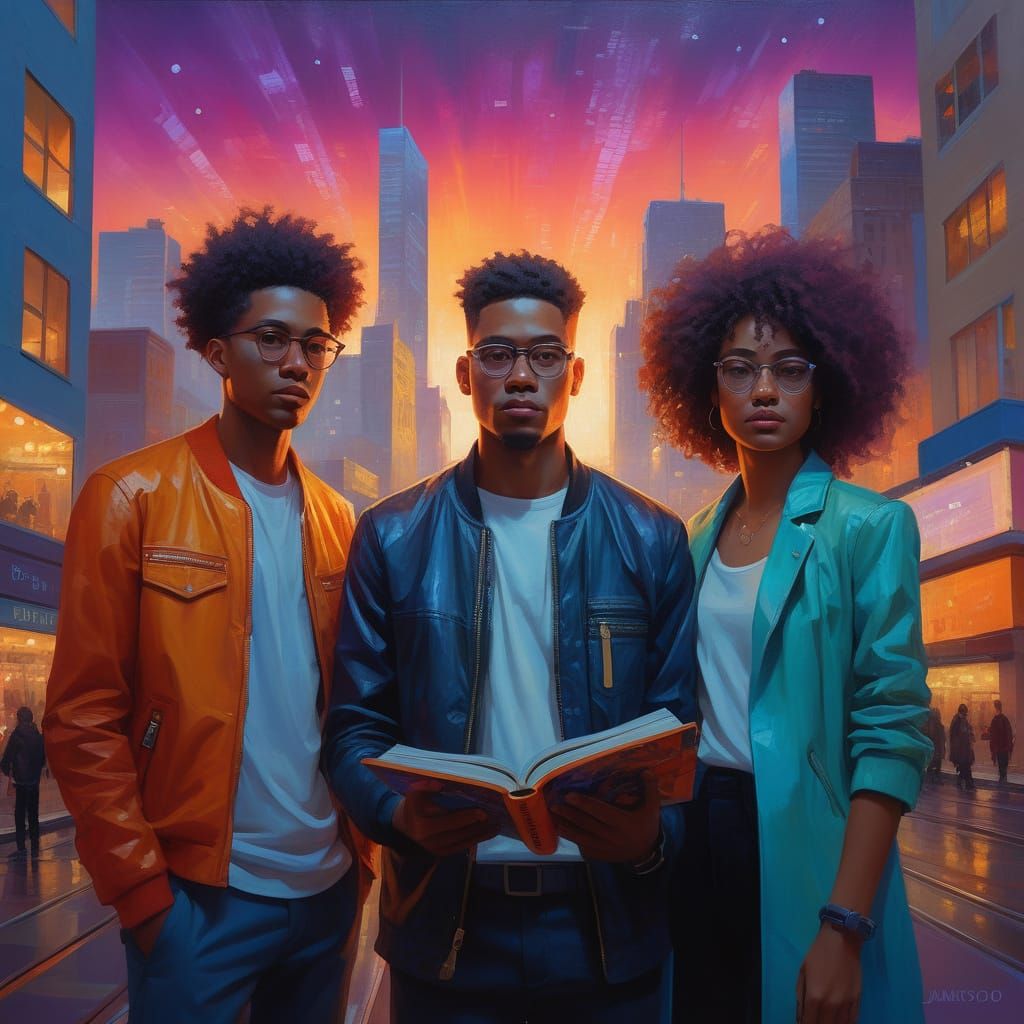 Confident Diverse Group in Vibrant Cityscape, Glowing with C...