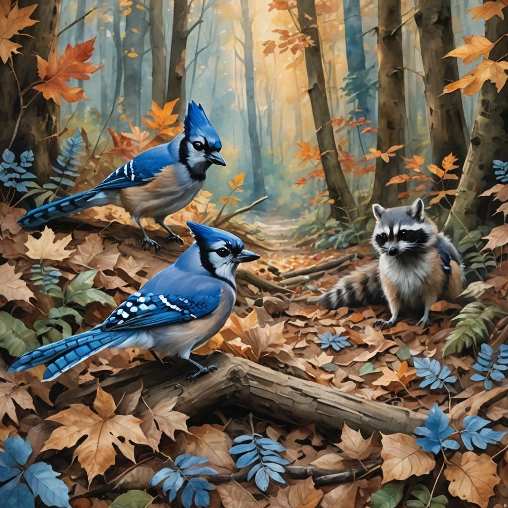 Blue Jay and Raccoon in Watercolor Style