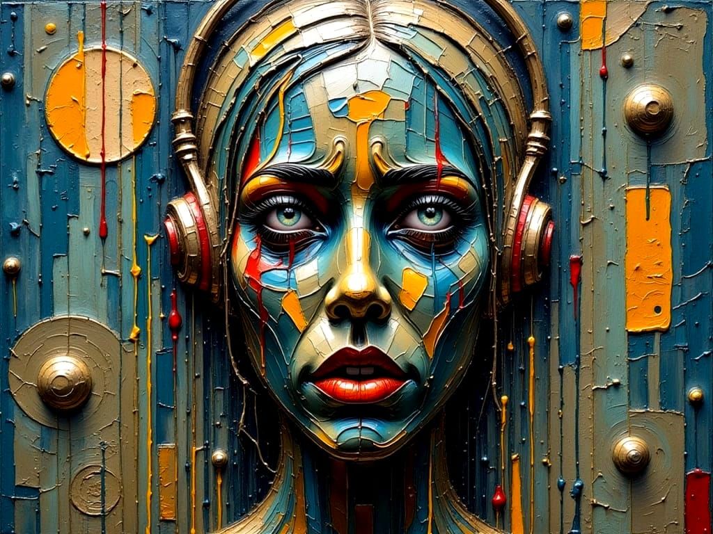 Cubist Cyborg Weeping in Torrential Rain