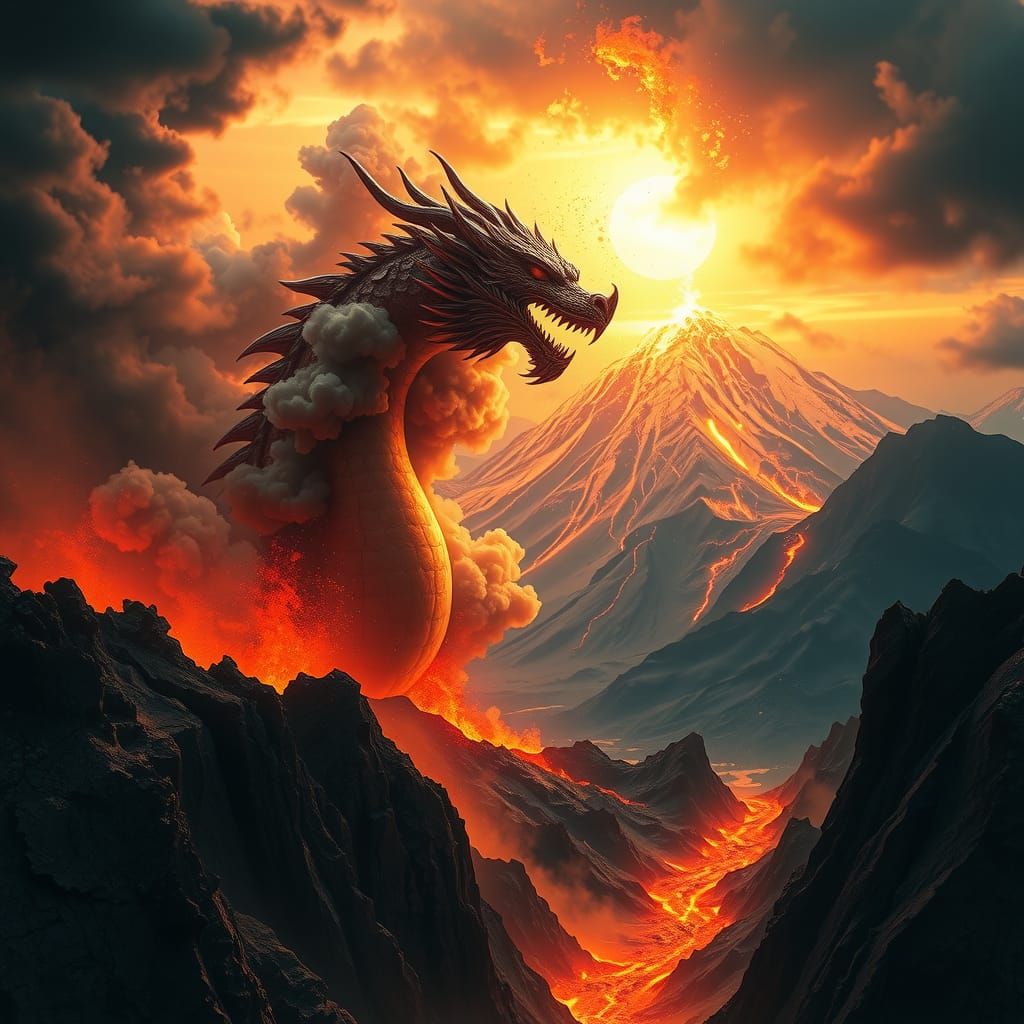 Volcano Eruption: Lava Dragon in a Surreal Landscape
