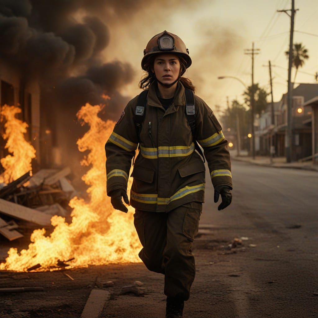 Intense Female Firefighter in Cinematic Flames