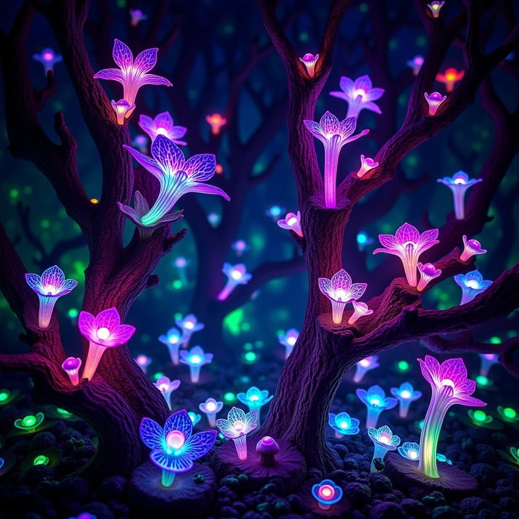 Ethereal Jungle Blooms in Vibrant, Bioluminescent Beauty