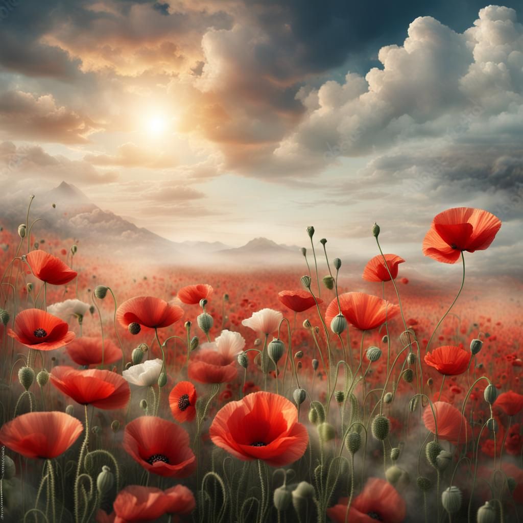 Delicate Poppies Against Cloudy Sky: Digital Matte Painting