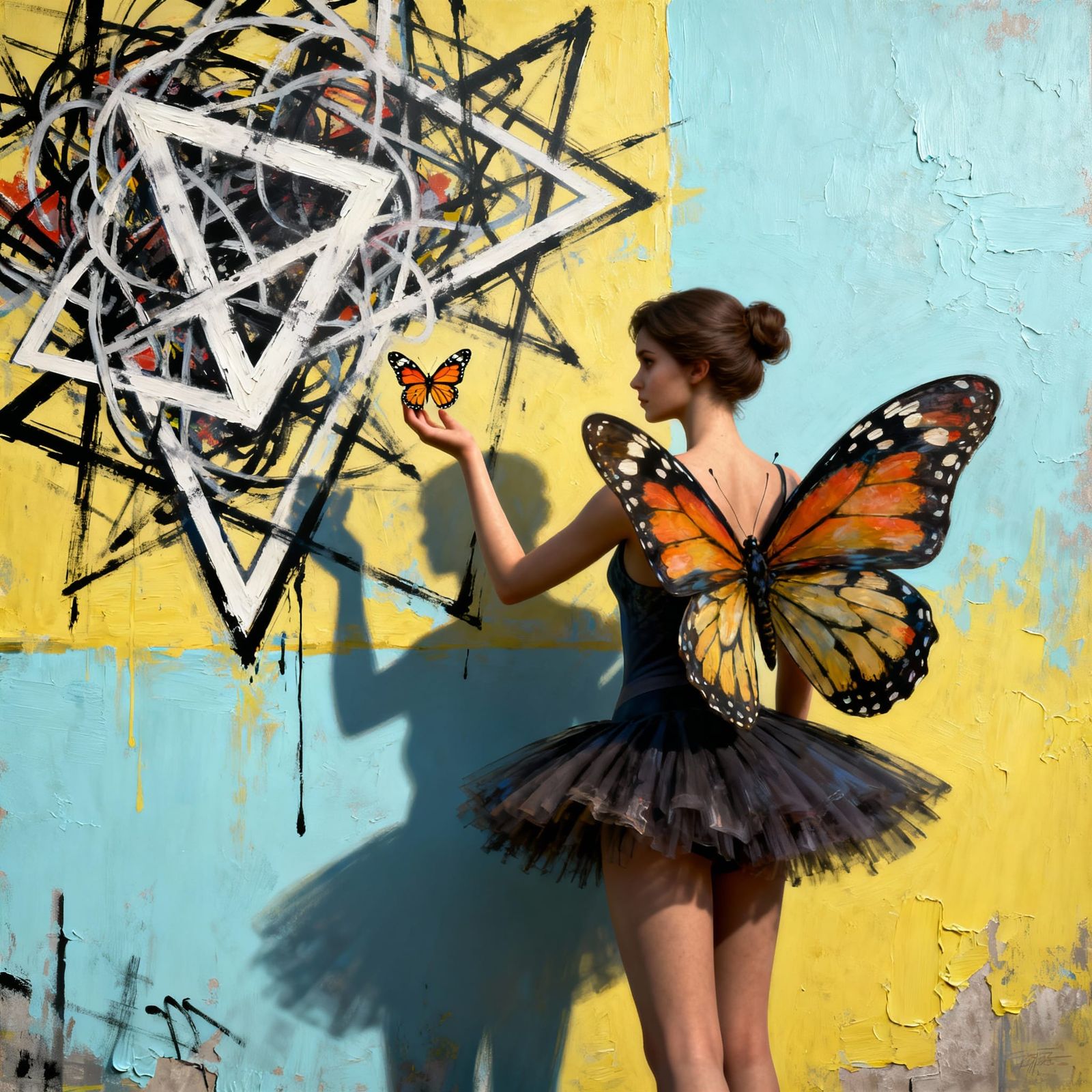 a painting of a woman with a butterfly on a pale blue yellow wall, graffiti art,...?