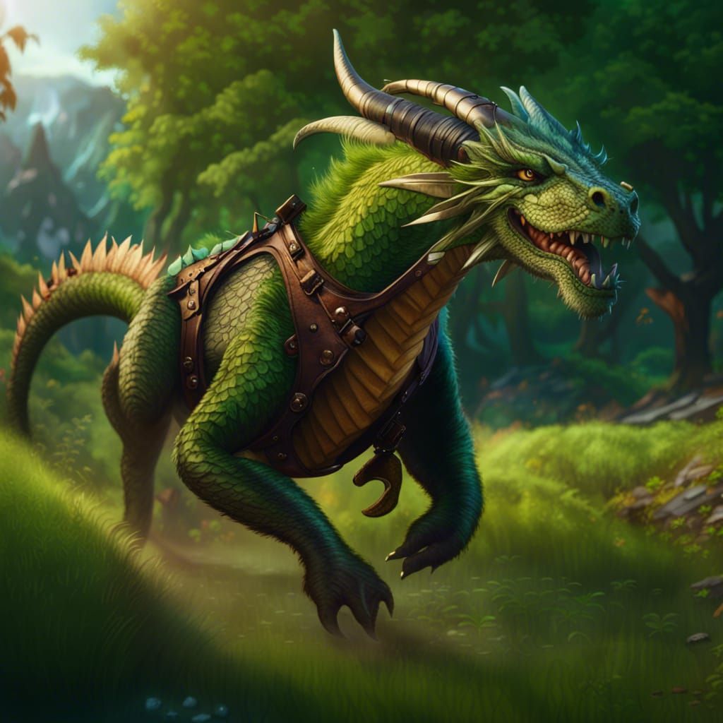 Emerald Dragon in Leather Harness, Fantasy Art