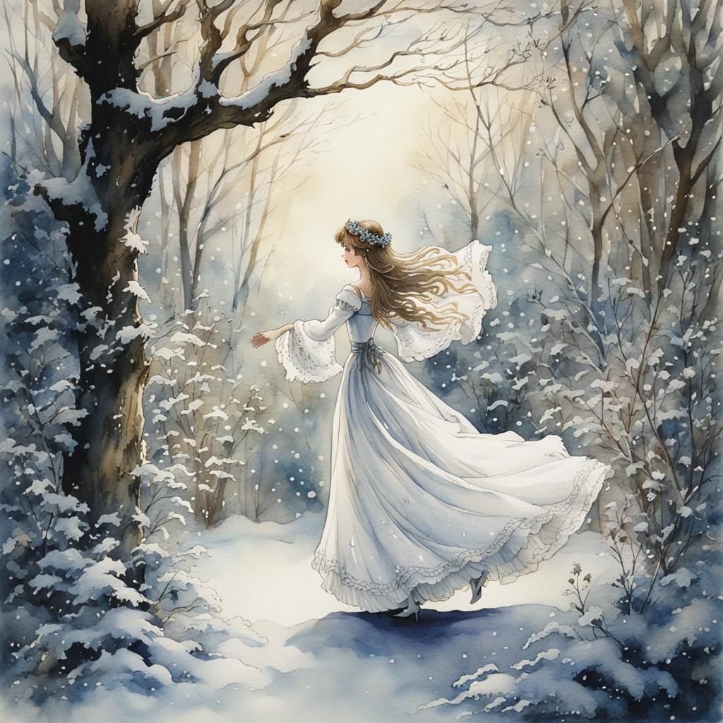 Girl Dancing in Winter Garden: Watercolor Anime Style