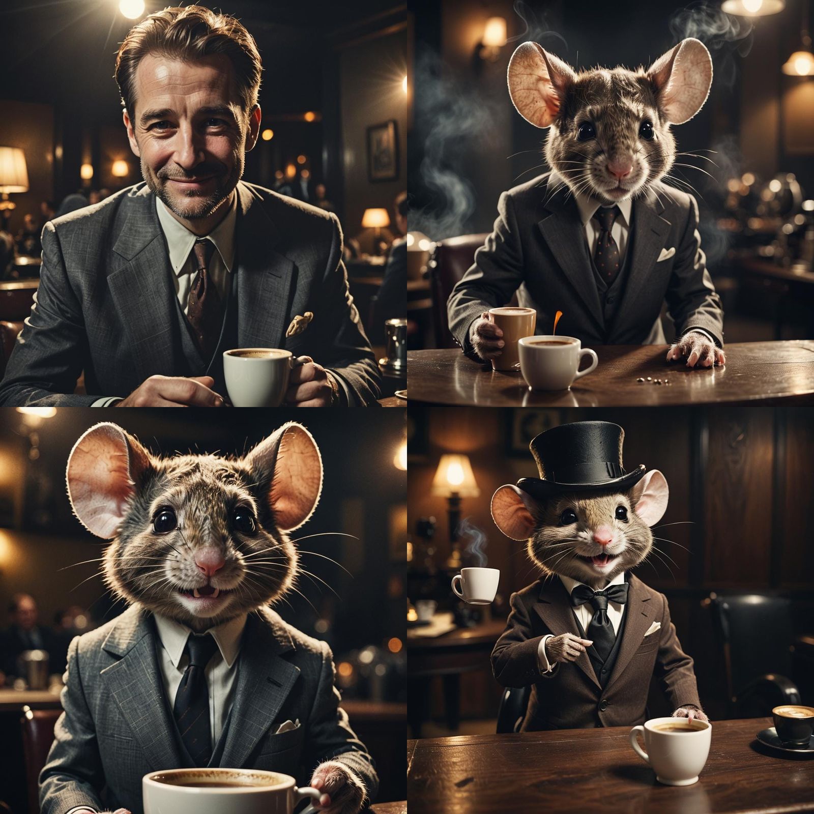 Cinematic Close-Up of a Mouse in a Suit Drinking Coffee