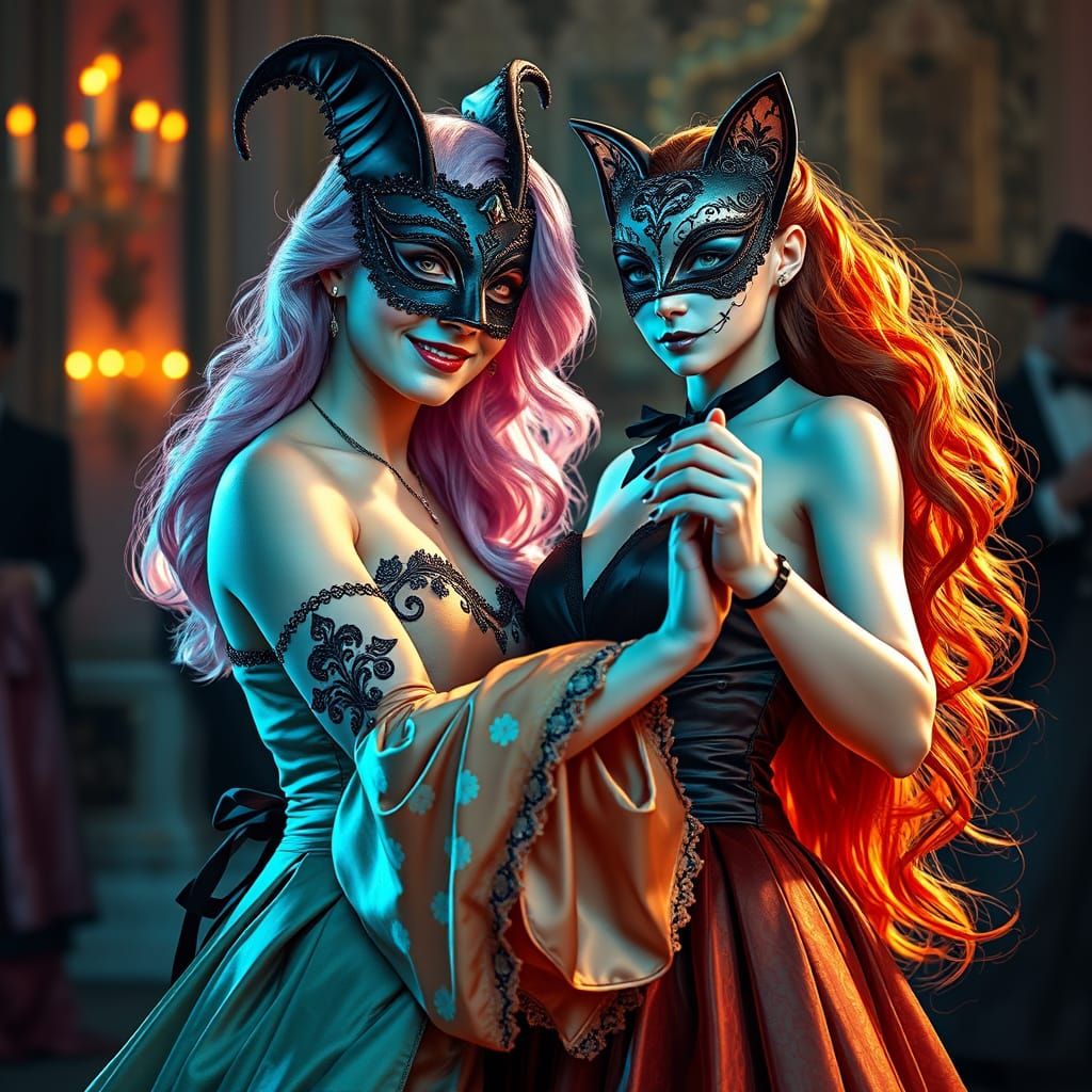 Elegant Women Dancing in Gothic Silk Gowns at the Masquerade