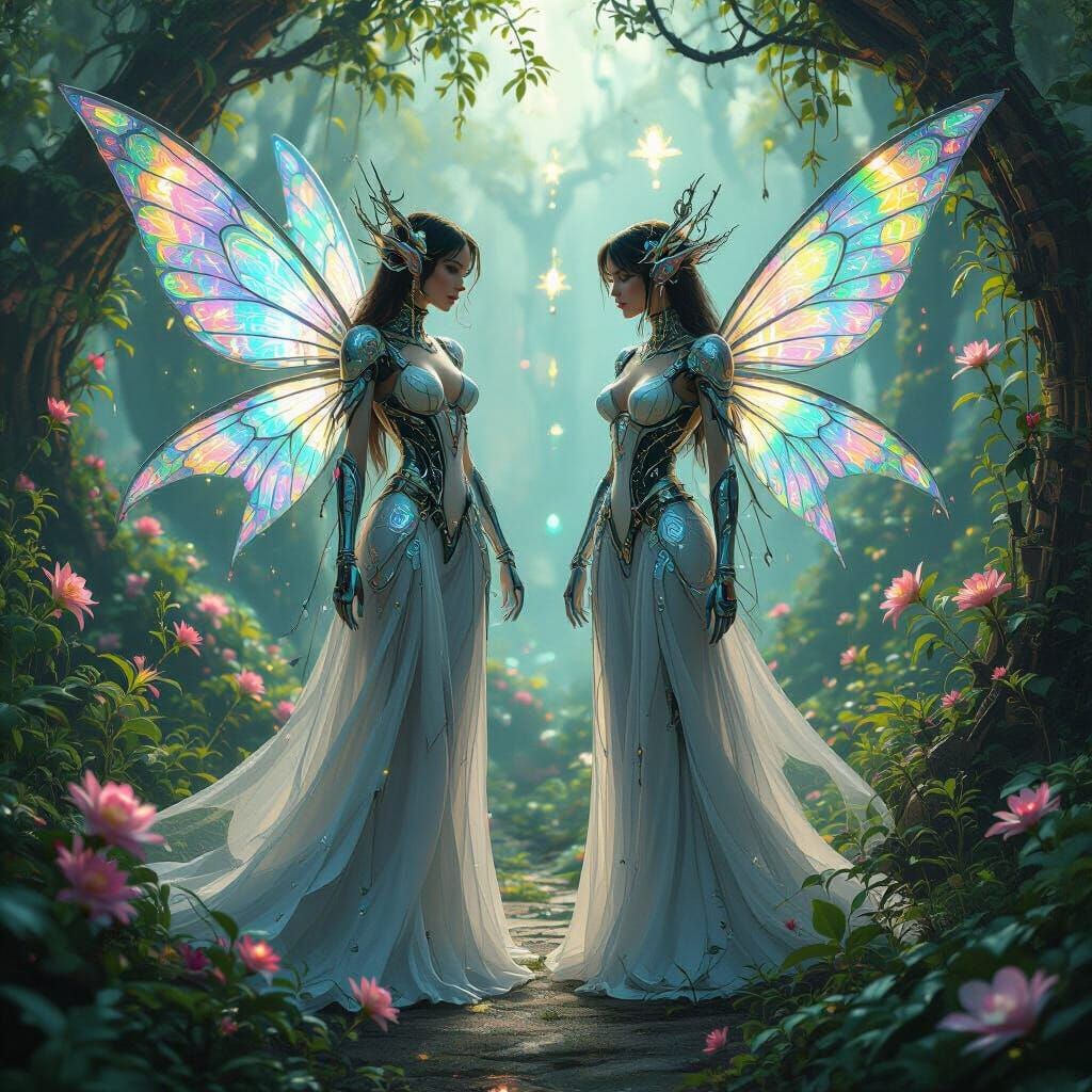 Cybernetic Fairies Tend Biomechanical Flora in Cyberpunk Sty...