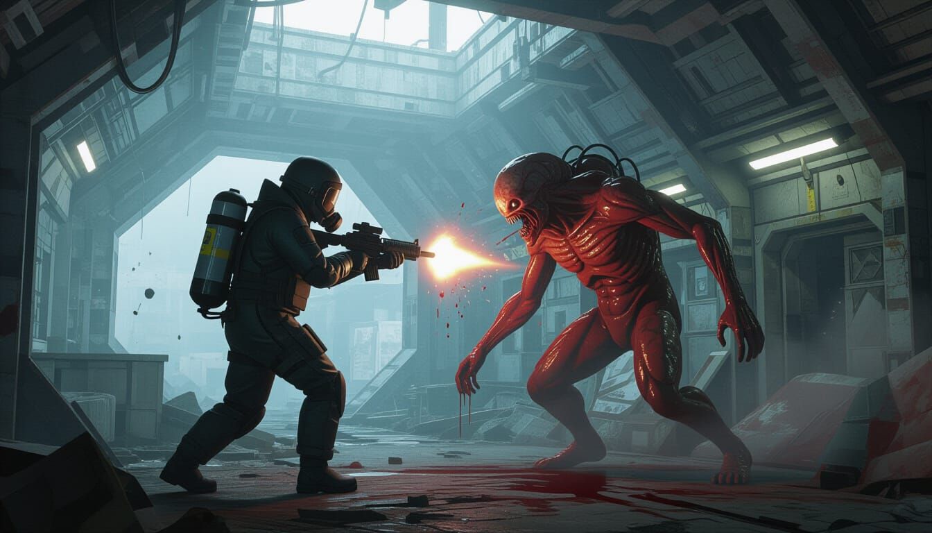 Hazmat Engineer vs Creature in Dystopian Space Station