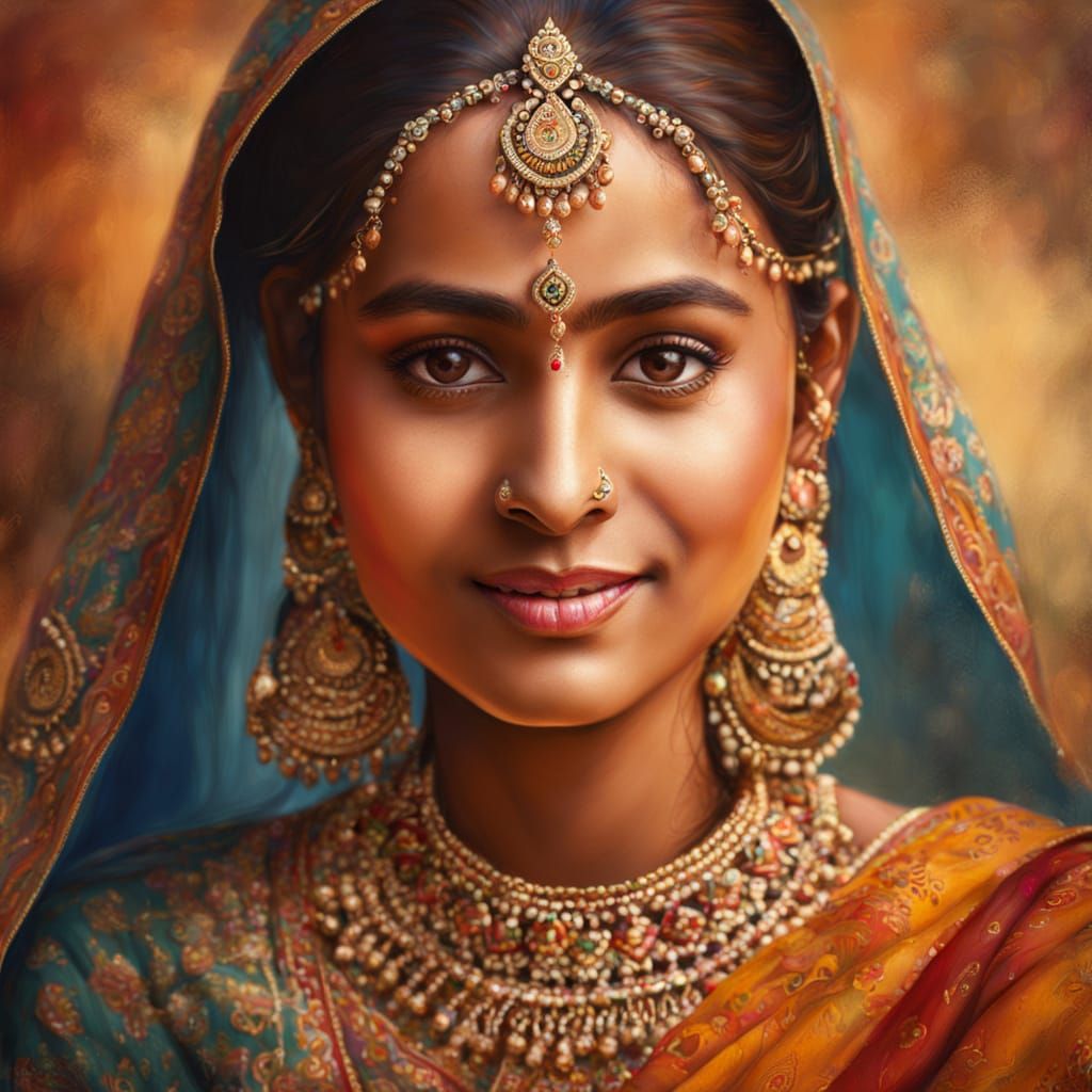 Vibrant Portrait of an Indian Bride in Oil Paint