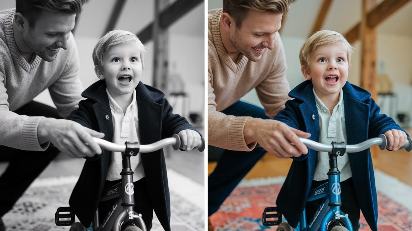 Boy Receives Birthday Bike: Black and White to Color