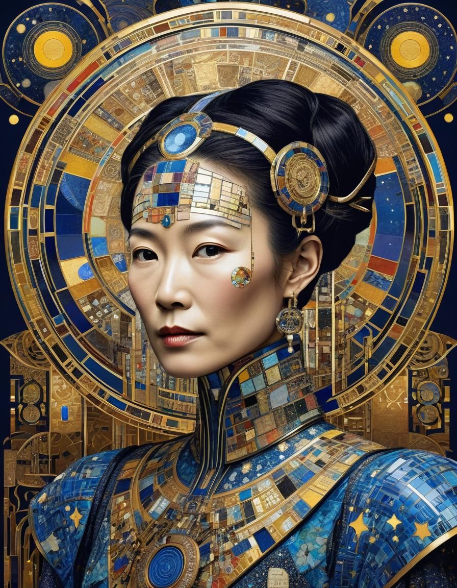 Robot Woman Portrait in Klimt-inspired Art Deco Style