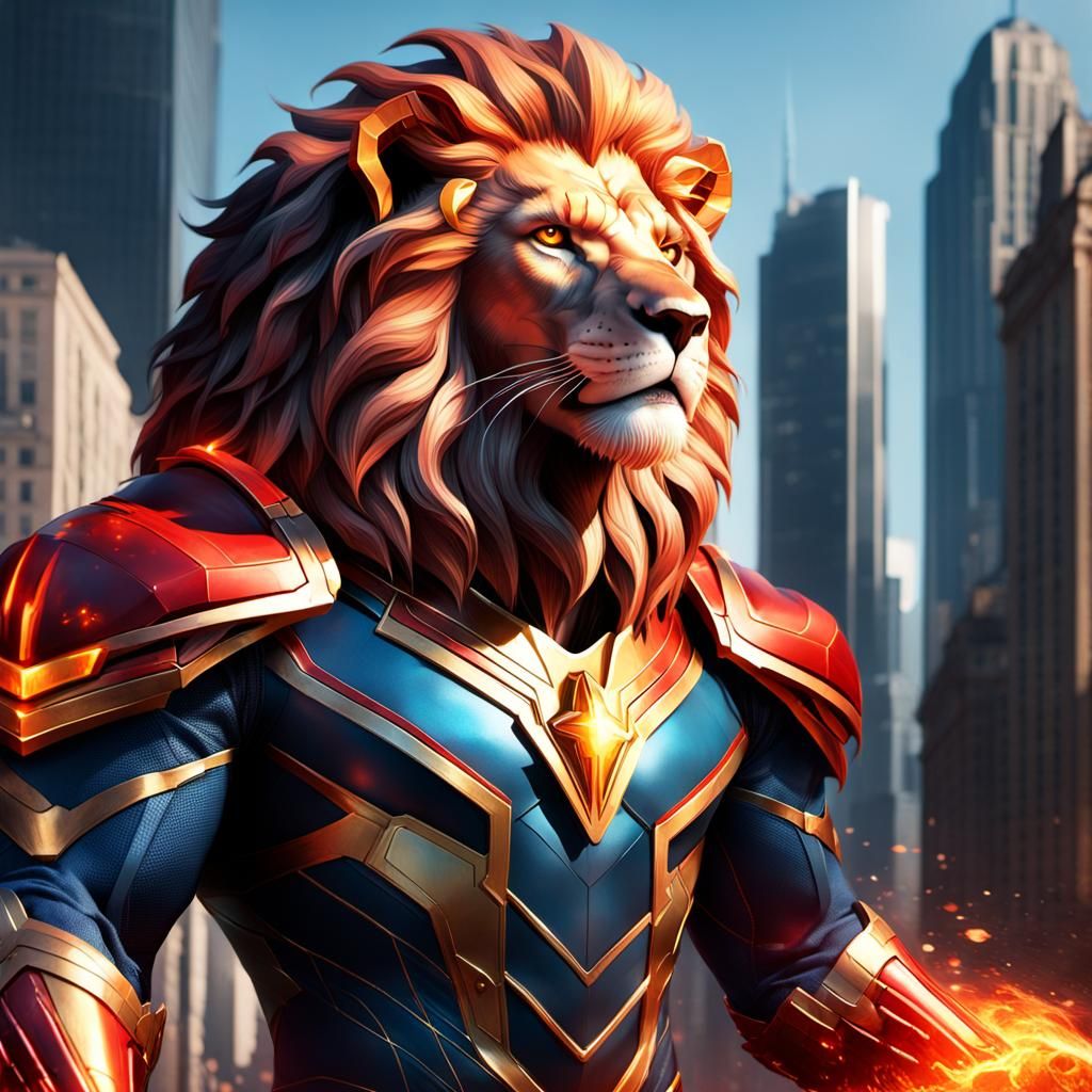 Cyberpunk Lion in Triadic Colors Superhero Portrait