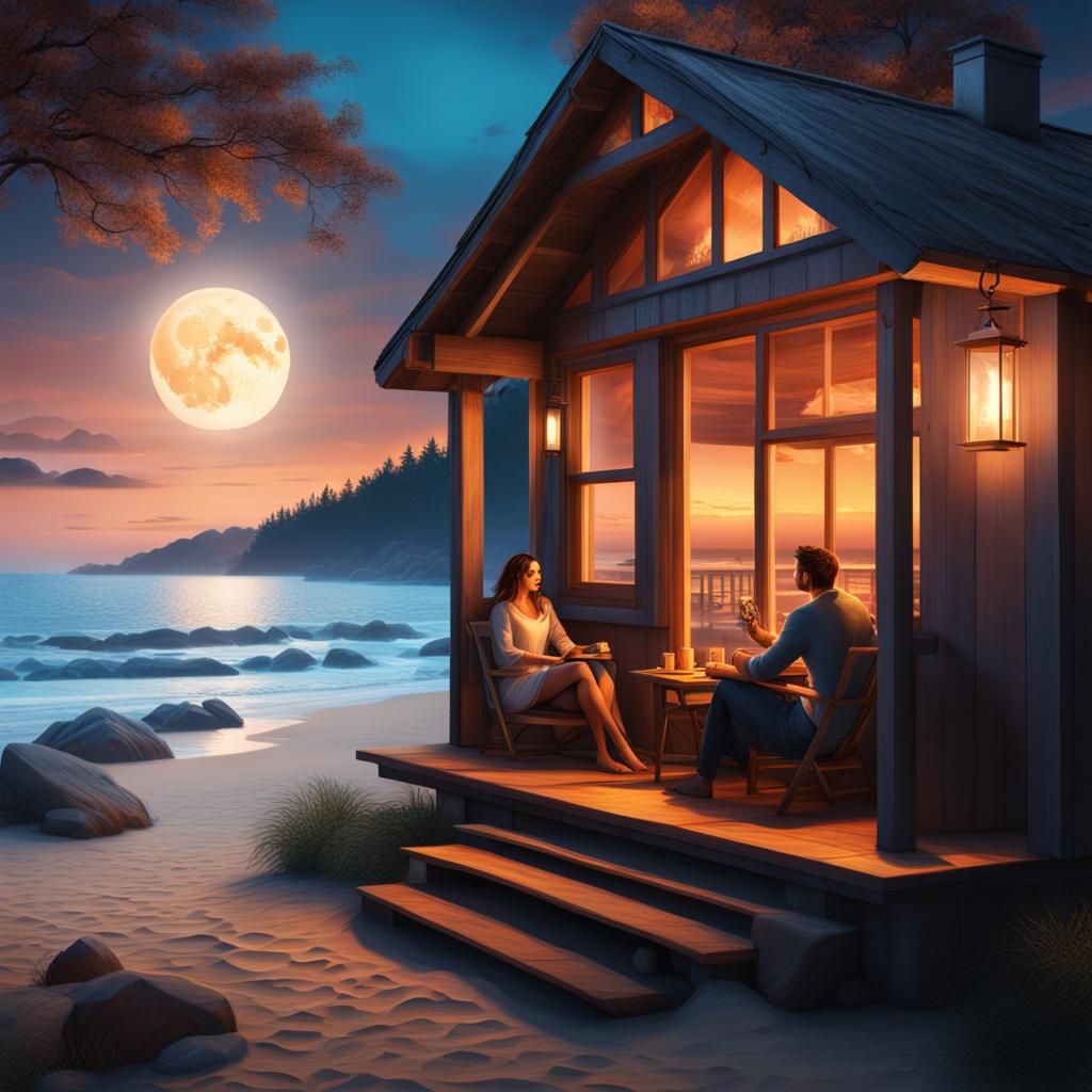 Beachside Cabin at Night in Vibrant Colors