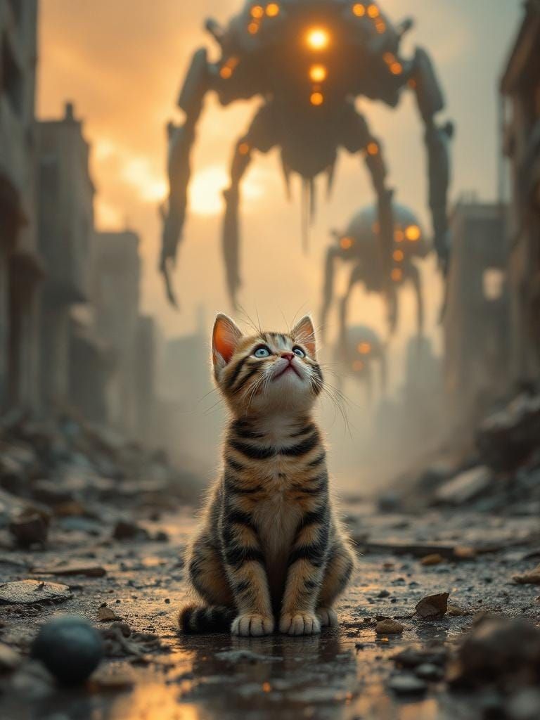 Kitten's Curiosity: Robots in a Ruined Cyberpunk City