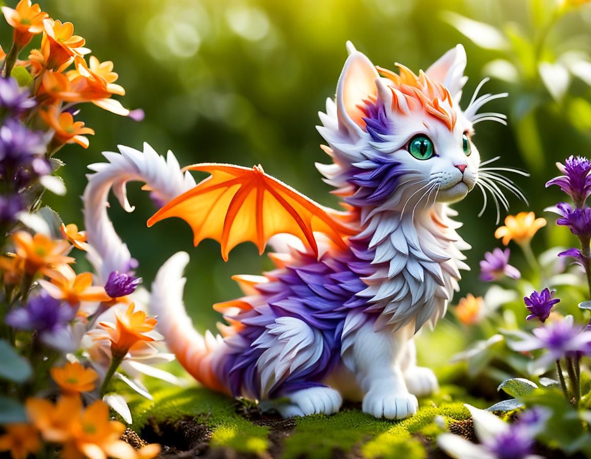 Playful Hybrid Cat-Dragon in Spring Garden