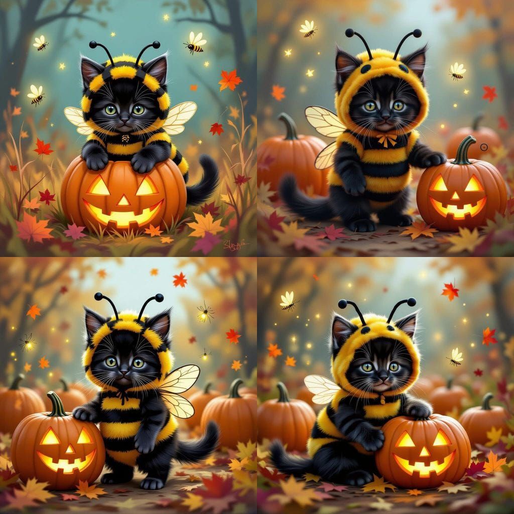 Cute Kitten in Bumblebee Costume at Autumn Pumpkin Patch