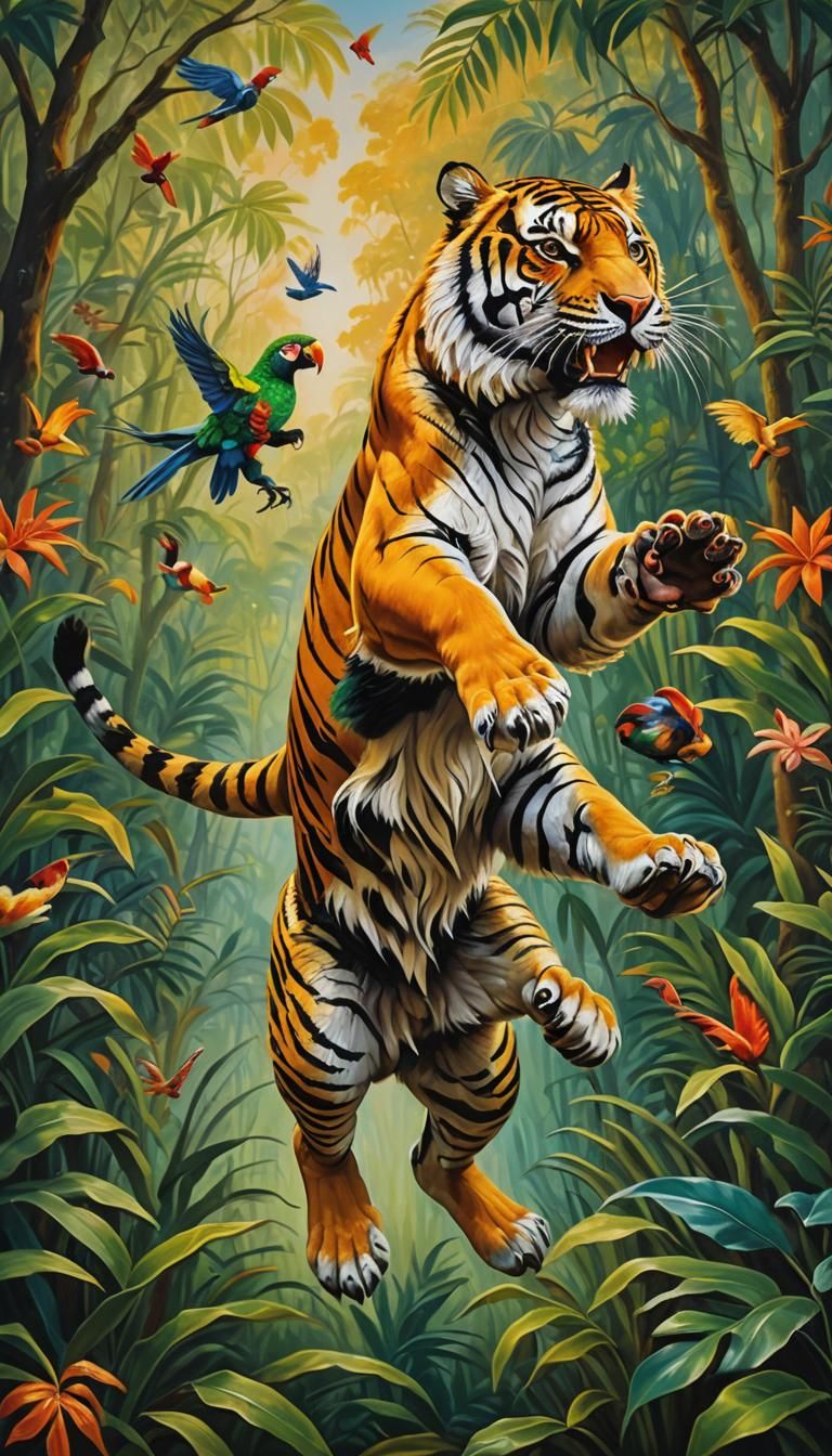 Tiger and Parrot in Vibrant Oil Painting