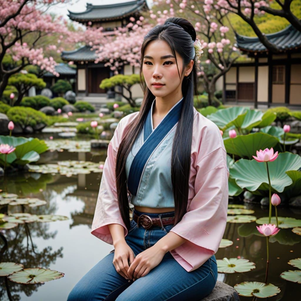 Asian Model in a Garden of Pink Lotus Blossoms