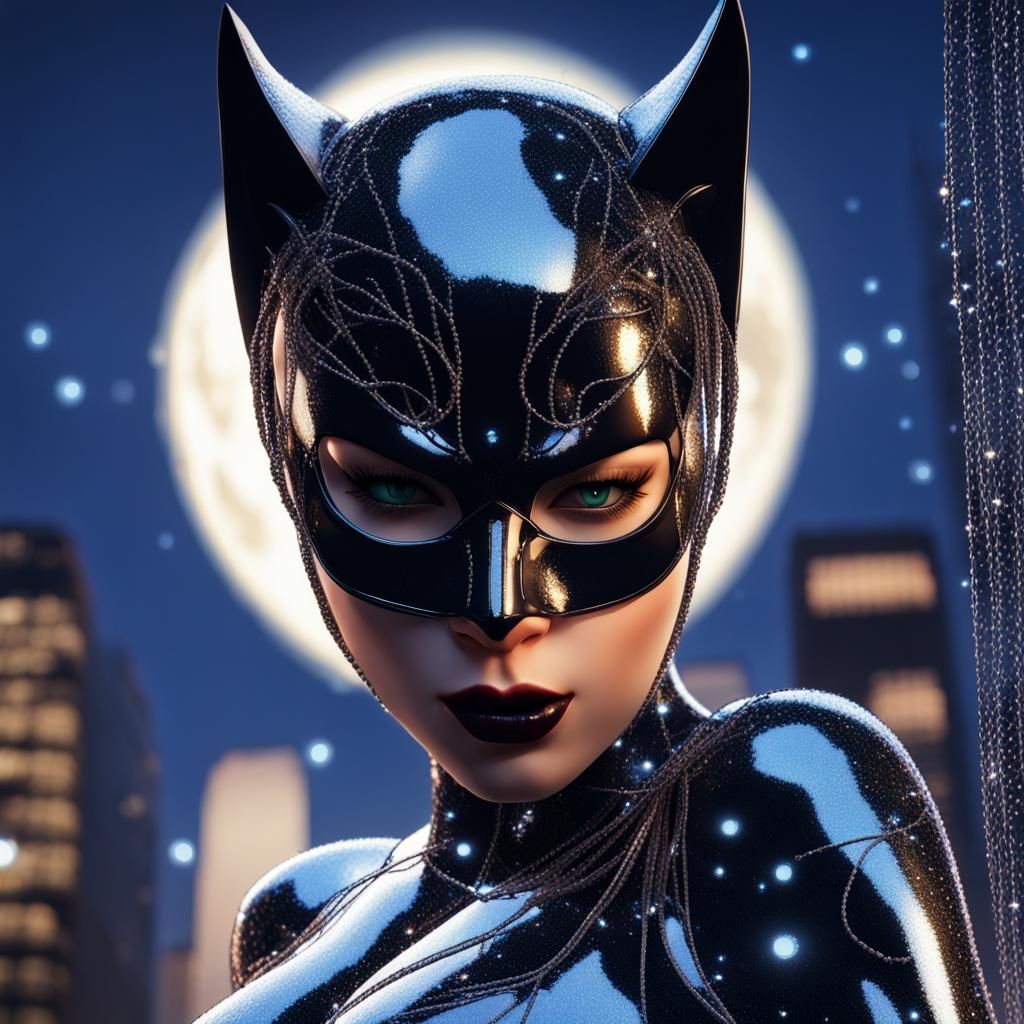 Catwoman in Glistening Suit Under Full Moon