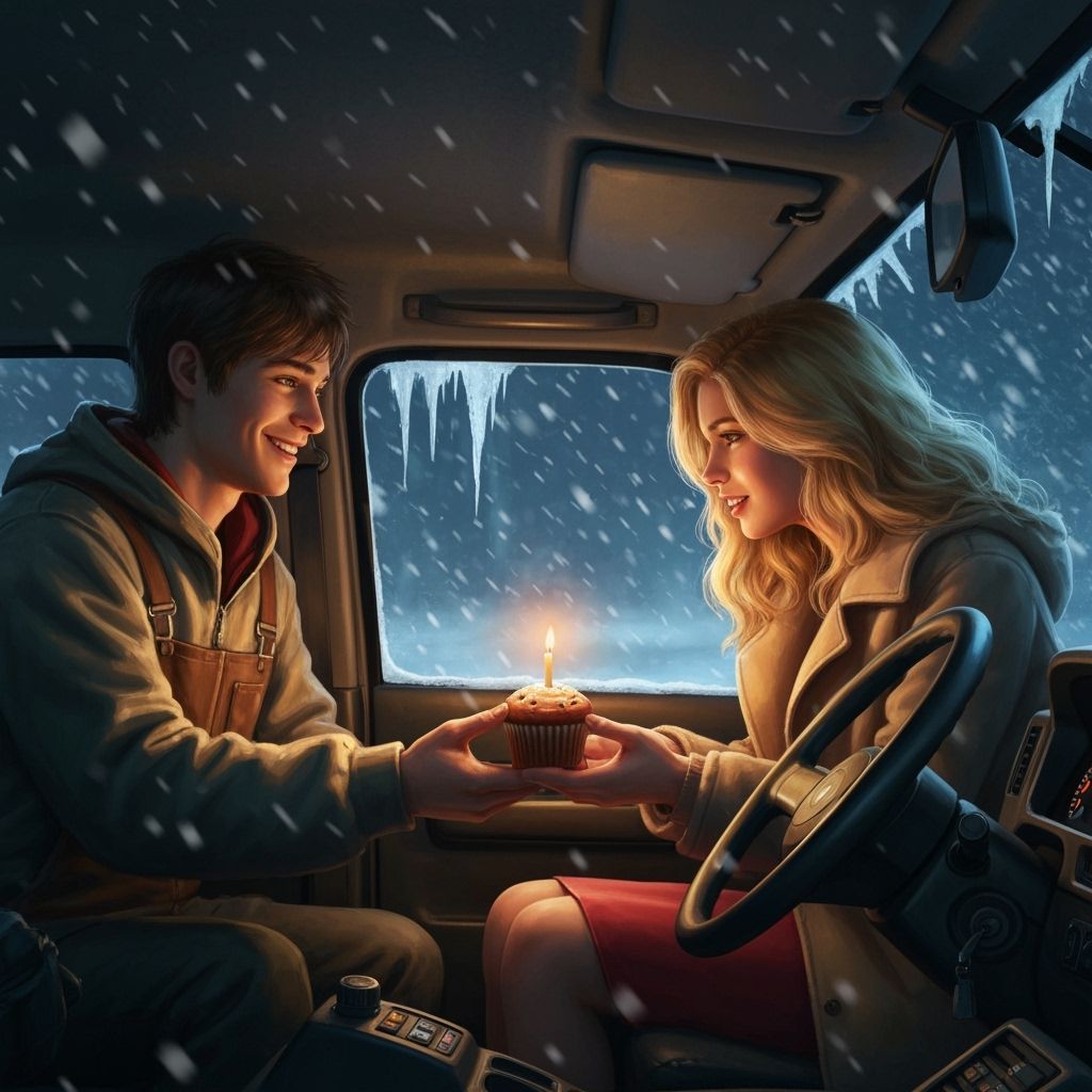 Snowy Night Surprise: Muffin Gift in Truck Cab