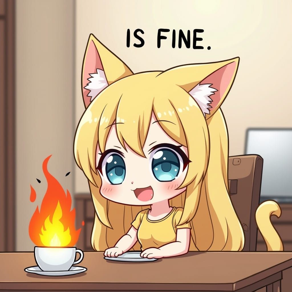 Chibi Catgirl Surrounded by Cartoon Flames