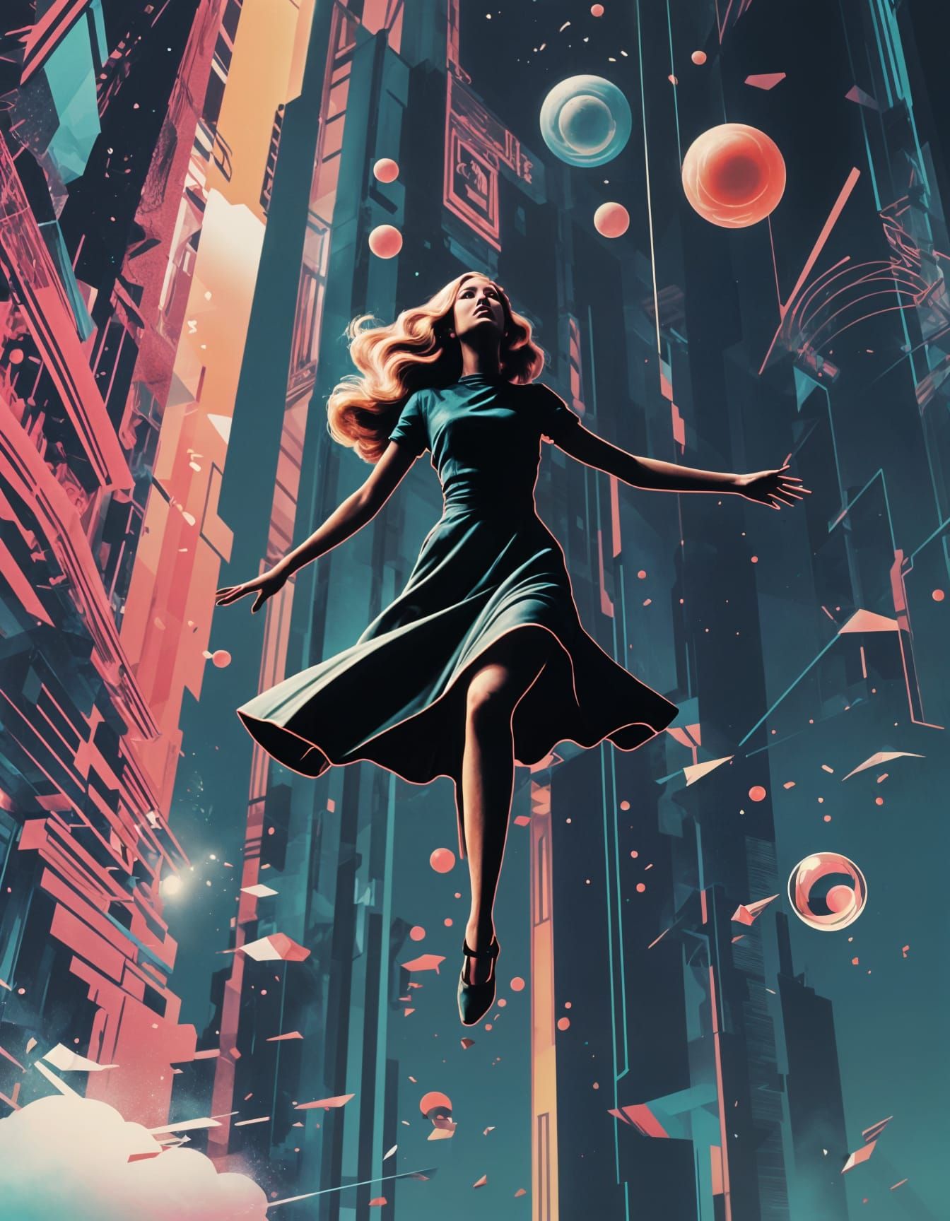 Girl Falling: Retro Art Deco Glitchcore Vortex